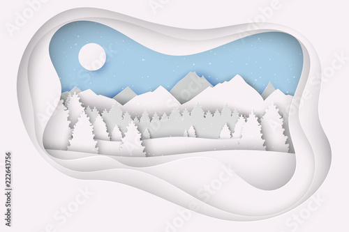 Paper Christmas postcard with winter landscape with pine trees,  mountains and snowflakes. Modern layered paper art style background. Vector illustration