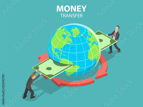 Isometric flat vector concept of international money transfer, online banking, financial transaction.