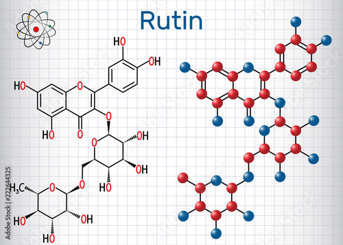Rutin molecule (vitamin P). Structural chemical formula and molecule model. Sheet of paper in a cage