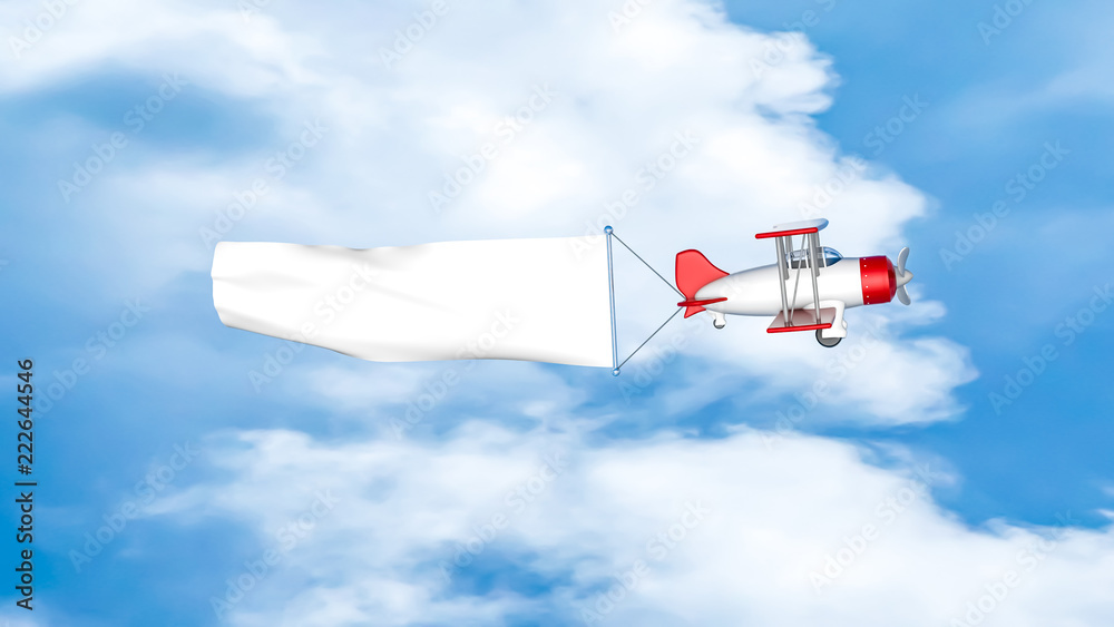 toy biplane in a blue sky with a white blank banner. 3D rendering