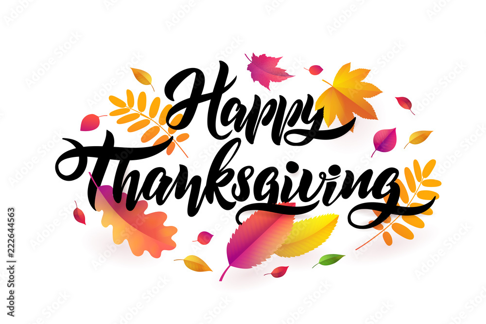 Vector Hand drawn Happy Thanksgiving typography poster with fallen leaves on white background Vector Hand drawn Happy Thanksgiving typography poster with fallen leaves on white background
