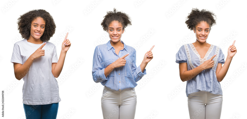 Collage of african american woman over isolated background smiling and looking at the camera pointing with two hands and fingers to the side. Collage of african american woman over isolated background smiling and looking at the camera pointing with two hands and fingers to the side.