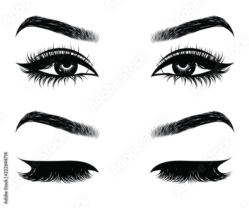 Abstract fashion illustration of the eye with creative makeup. Hand drawn vector idea for business visit cards, templates, web, salon banners,brochures. Natural eyebrows and glam eyelashes