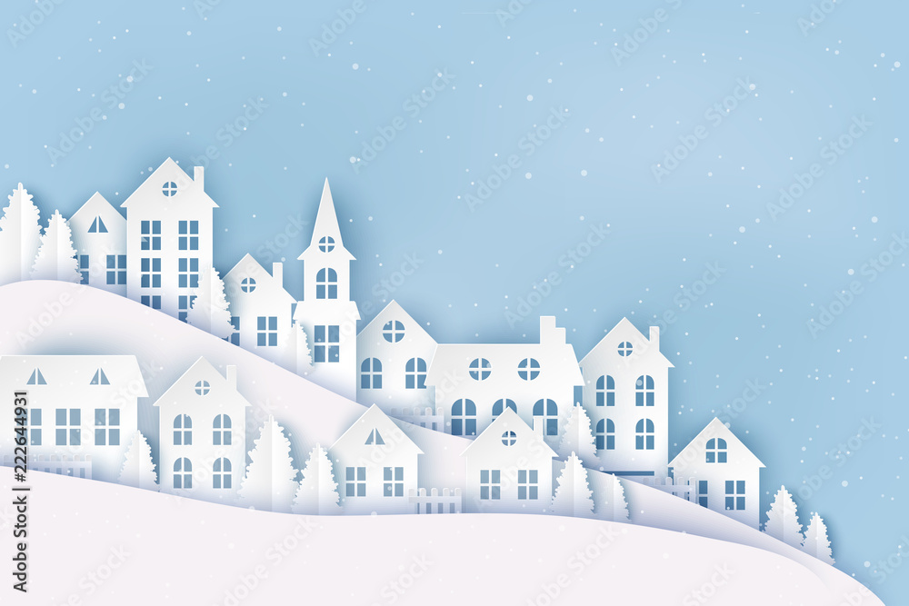 Fototapeta premium Winter urban countryside landscape, village with cute paper houses, pine trees and snow. Merry Christmas and New Year paper art background