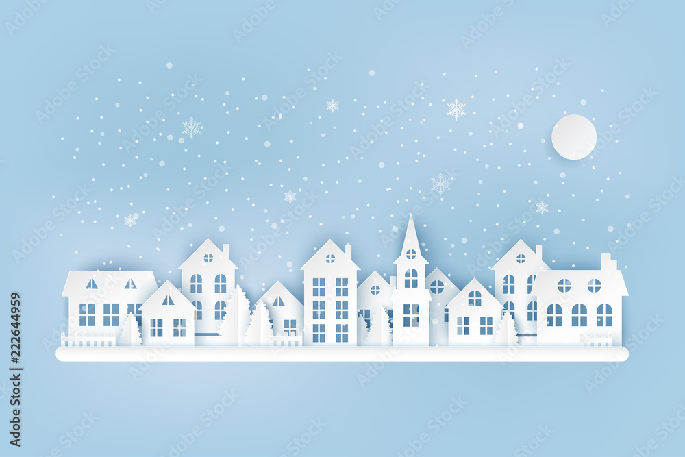 Winter urban countryside landscape, village with cute paper houses, pine trees and snow. Merry Christmas and New Year paper art background