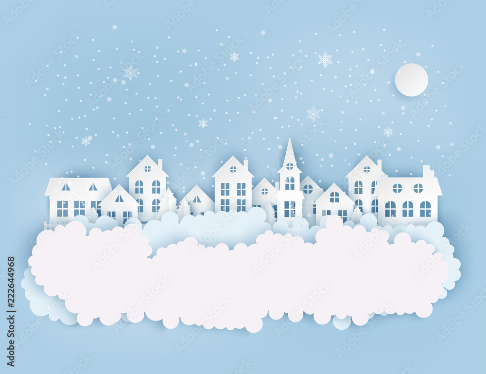 Winter urban countryside landscape, village with cute paper houses, pine trees and clouds. Merry Christmas and New Year paper art background