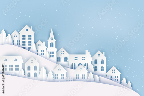 Winter urban countryside landscape  village with cute paper houses  pine trees and snow. Merry Christmas and New Year paper art background