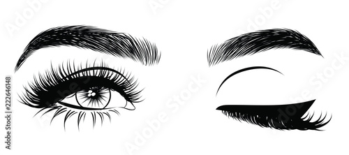 Sexy winking luxurious eye with perfectly shaped eyebrows and full lashes. Idea for business visit card, typography vector. Perfect salon look.