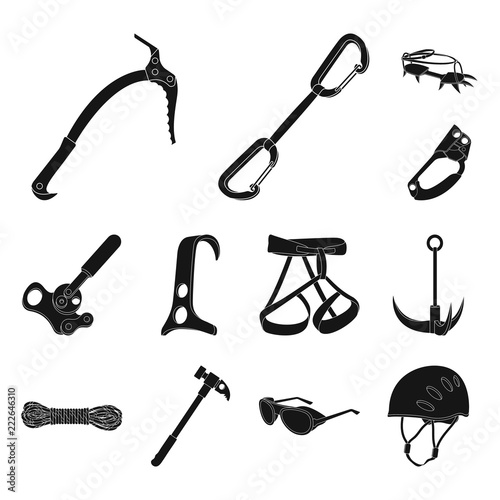 Mountaineering and climbing black icons in set collection for design. Equipment and accessories vector symbol stock web illustration.