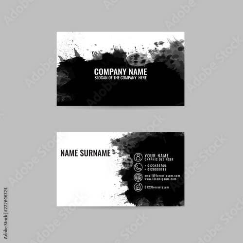 business cards template with hand painted brush strokes. black ink strokes, vector eps 10. on gray background