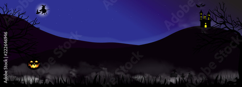 Scary graveyard and castle on the hill. Halloween full moon background