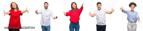 Collage of group chinese, indian, hispanic people over isolated background looking at the camera smiling with open arms for hug. Cheerful expression embracing happiness.