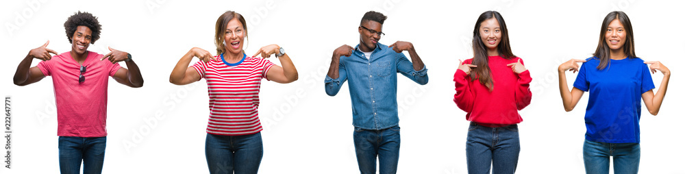 Composition of african american, hispanic and chinese group of people over isolated white background looking confident with smile on face, pointing oneself with fingers proud and happy.