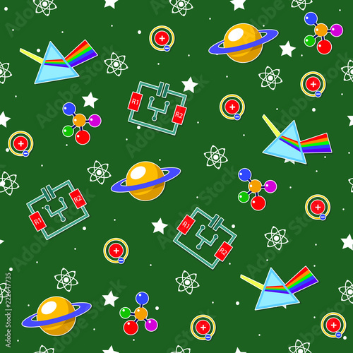Seamless pattern on the physics school theme. All elements are located on different layers and can be easily manipulated.