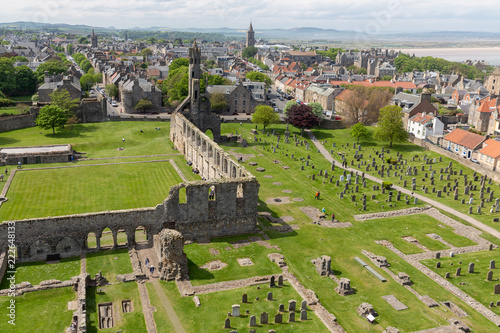Aerial view Ruins and graveyard Cathedral of St Andrews, Scotland