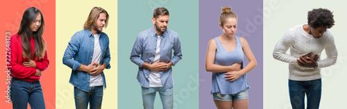 Foto Composition of african american, hispanic and chinese group of people over vintage color background with hand on stomach because nausea, painful disease feeling unwell