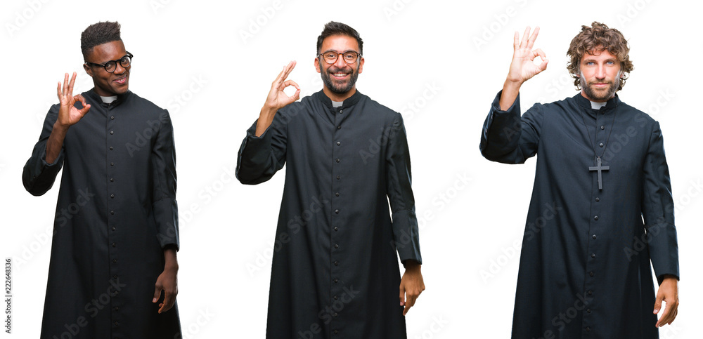 Collage of christian priest men over isolated background smiling positive doing ok sign with hand and fingers. Successful expression.
