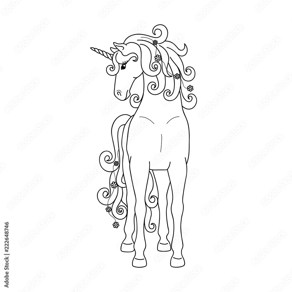 Isolated black outline standing unicorn on white background. Front view. Curve lines. Page of coloring book.