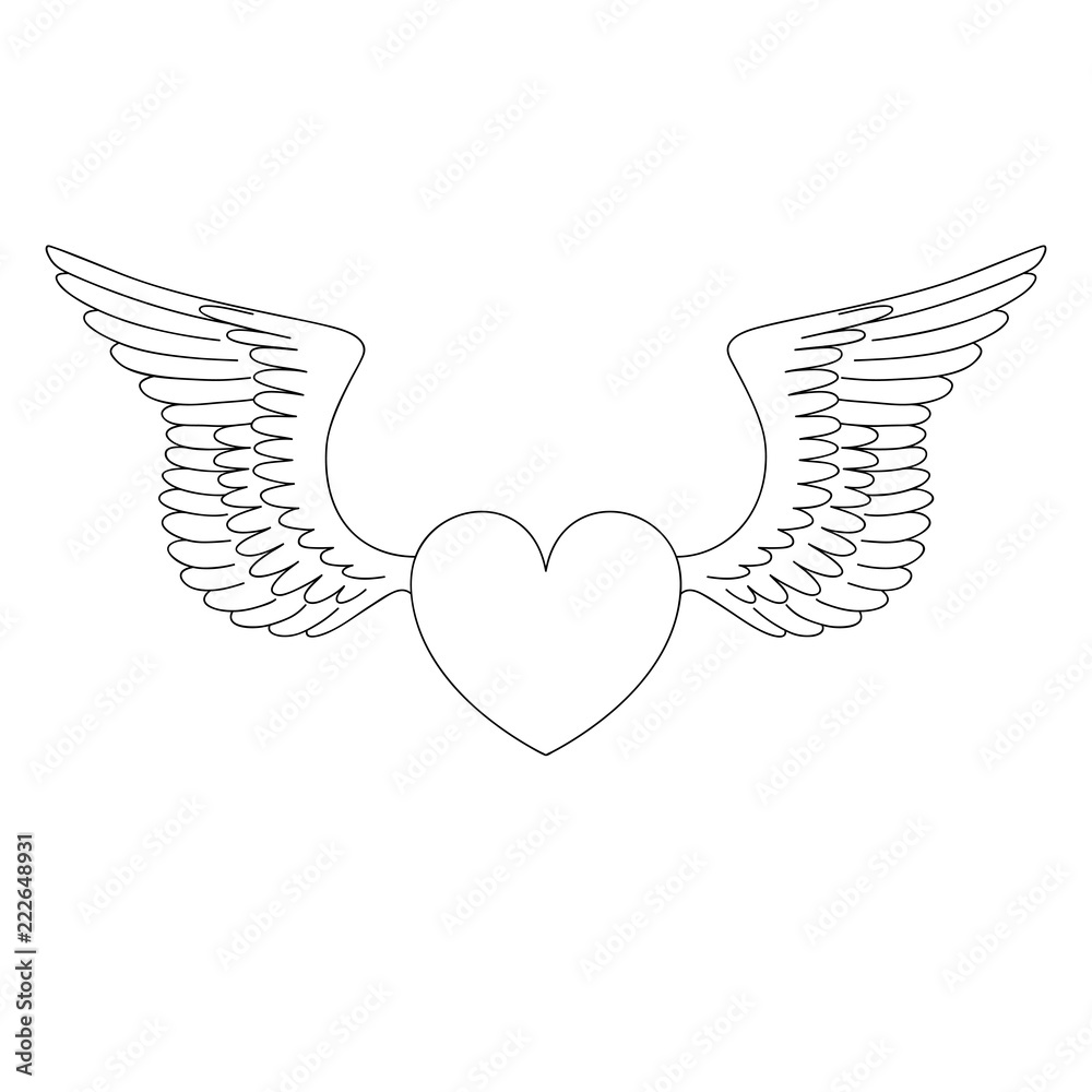 Isolated black outline heart with pair of wings on white background. Curve lines. Isolated black outline heart with pair of wings on white background. Curve lines.