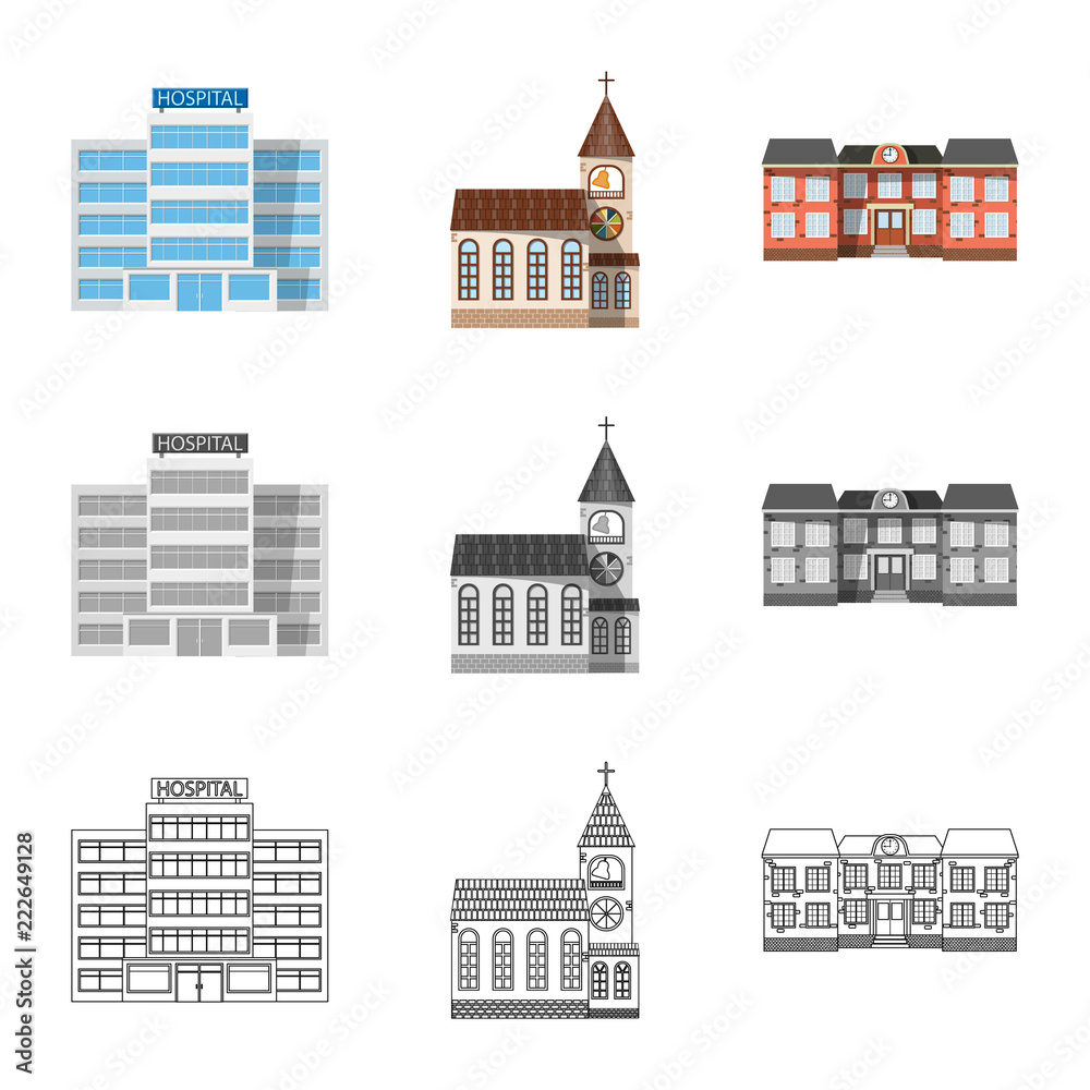 Vector illustration of building and front sign. Collection of building and roof stock vector illustration.