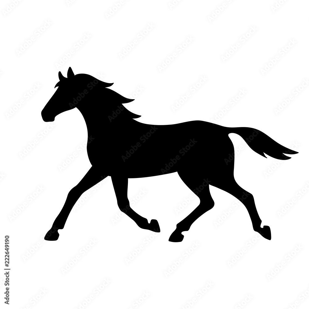 Isolated black silhouette of running, trotting horse on white background. Side view.