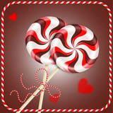 Two Bright round striped red brown lollipops with decorative cord. and blurred hearts in frame. Berry and chocolate candy on a stick. Realistic 3D Vector illustration background.