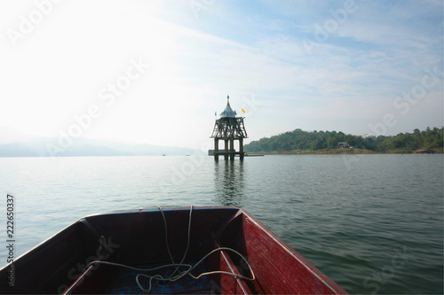 Unseen of The underwater old Buddhist temple in Songkaria river with old structure, Wat Wang Wiwekaram at Sangklaburi, Kanchanaburi, Thailand photo