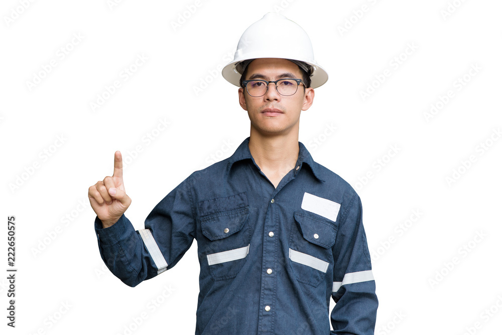 Asian man,Engineer or Technician in white helmet, glasses and blue working shirt suit Pointing the finger, isolated on white, mechanic and Oil and Gas industrial concept with clipping path Asian man,Engineer or Technician in white helmet, glasses and blue working shirt suit Pointing the finger, isolated on white, mechanic and Oil and Gas industrial concept with clipping path