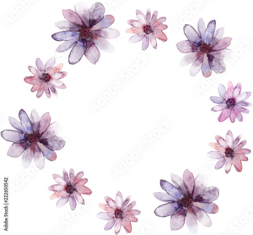 Delicate wreath of purple, blue flower watercolors