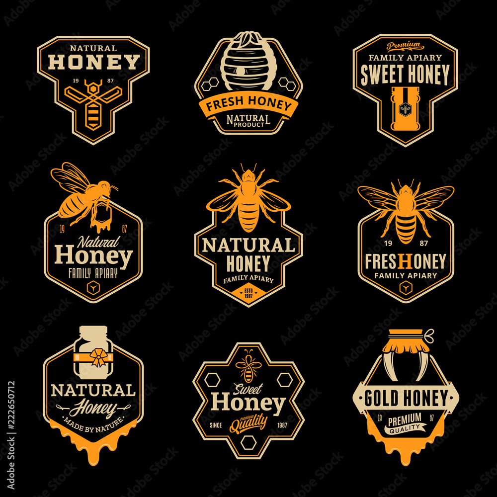 Obraz premium Vector honey logo, icons and design elements