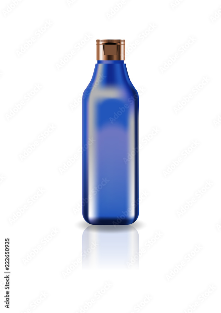 Blank blue cosmetic square bottle with cap lid for beauty or healthy product. Isolated on white background with reflection shadow. Ready to use for package design. Vector illustration. Blank blue cosmetic square bottle with cap lid for beauty or healthy product. Isolated on white background with reflection shadow. Ready to use for package design. Vector illustration.