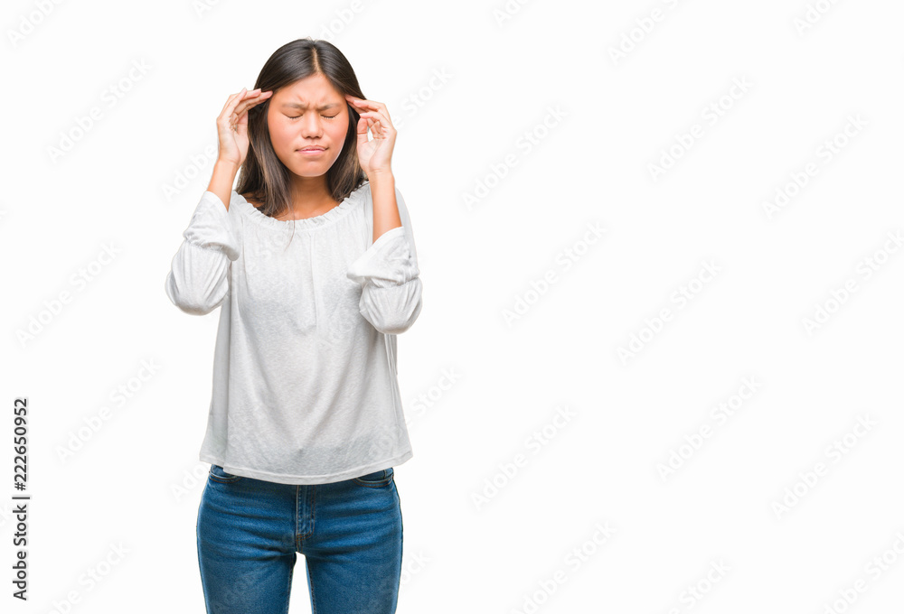 Young asian woman over isolated background with hand on head for pain in head because stress. Suffering migraine. Young asian woman over isolated background with hand on head for pain in head because stress. Suffering migraine.