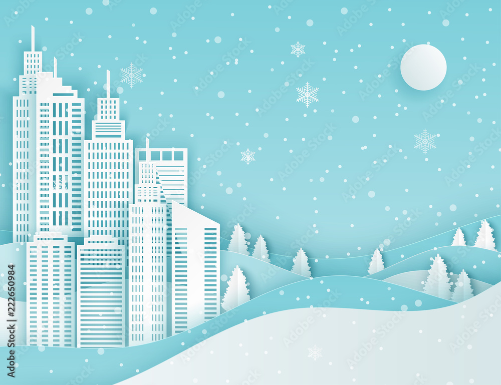 Winter modern city landscape with skyscrapers, paper houses, pine trees and snowflakes. Merry Christmas and New Year paper art background