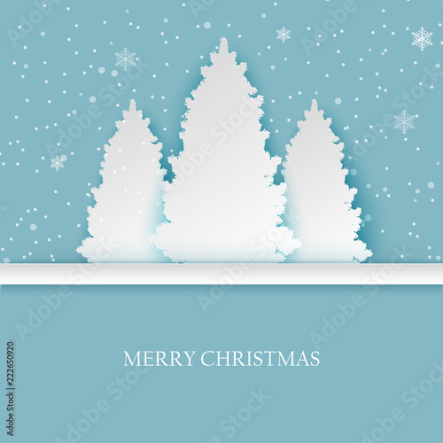 Christmas and new year background with paper pine trees and snowflakes in pastel colors. Modern paper art style