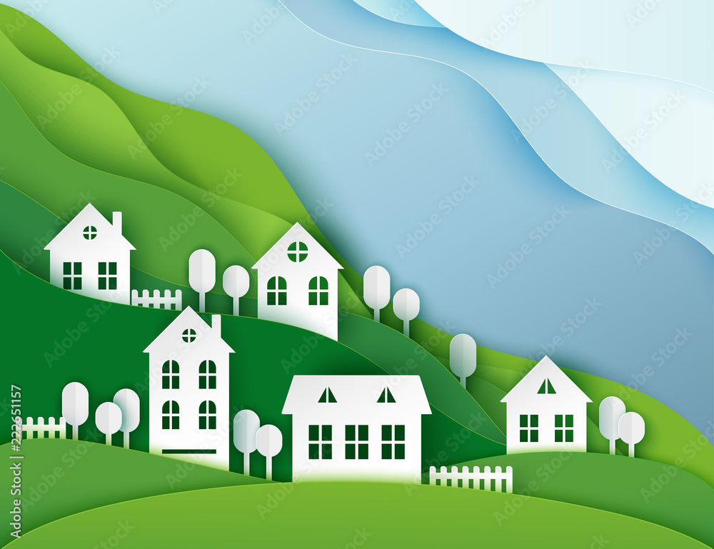 Urban countryside landscape village with cute paper houses and trees. Pastel colored paper cut background