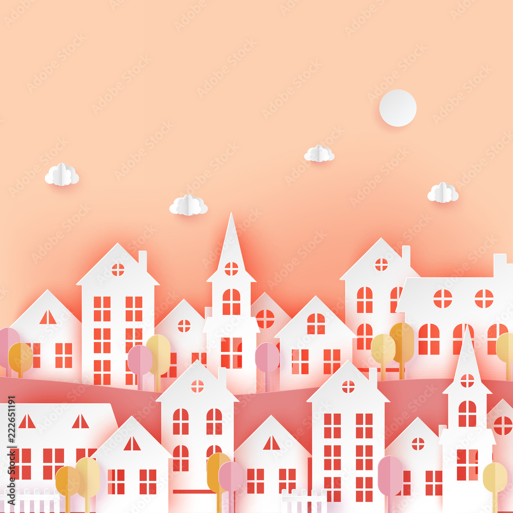 Urban countryside landscape village with cute paper houses, trees and fluffy clouds. Autumn pastel colored paper cut background