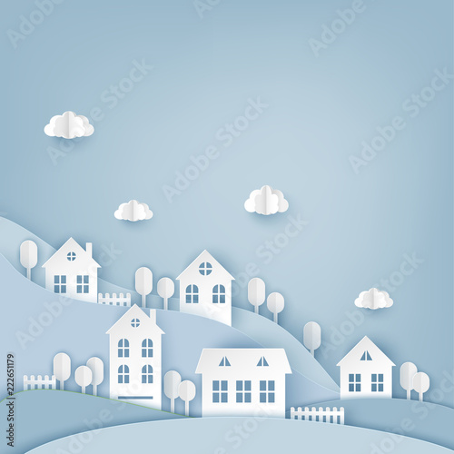 Urban countryside landscape village with cute paper houses, waves and fluffy clouds. Romantic pastel colored paper cut background