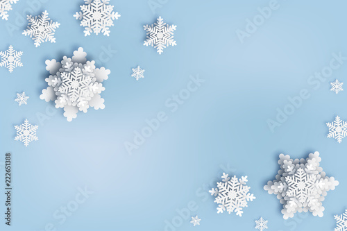 Abstract Christmas background with volumetric paper snowflakes. White 3D snowflakes with shadow. Xmas and new year card template. Winter paper art design