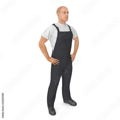 Worker Wearing Black Overalls Suit Standing Pose. 3D Illustration