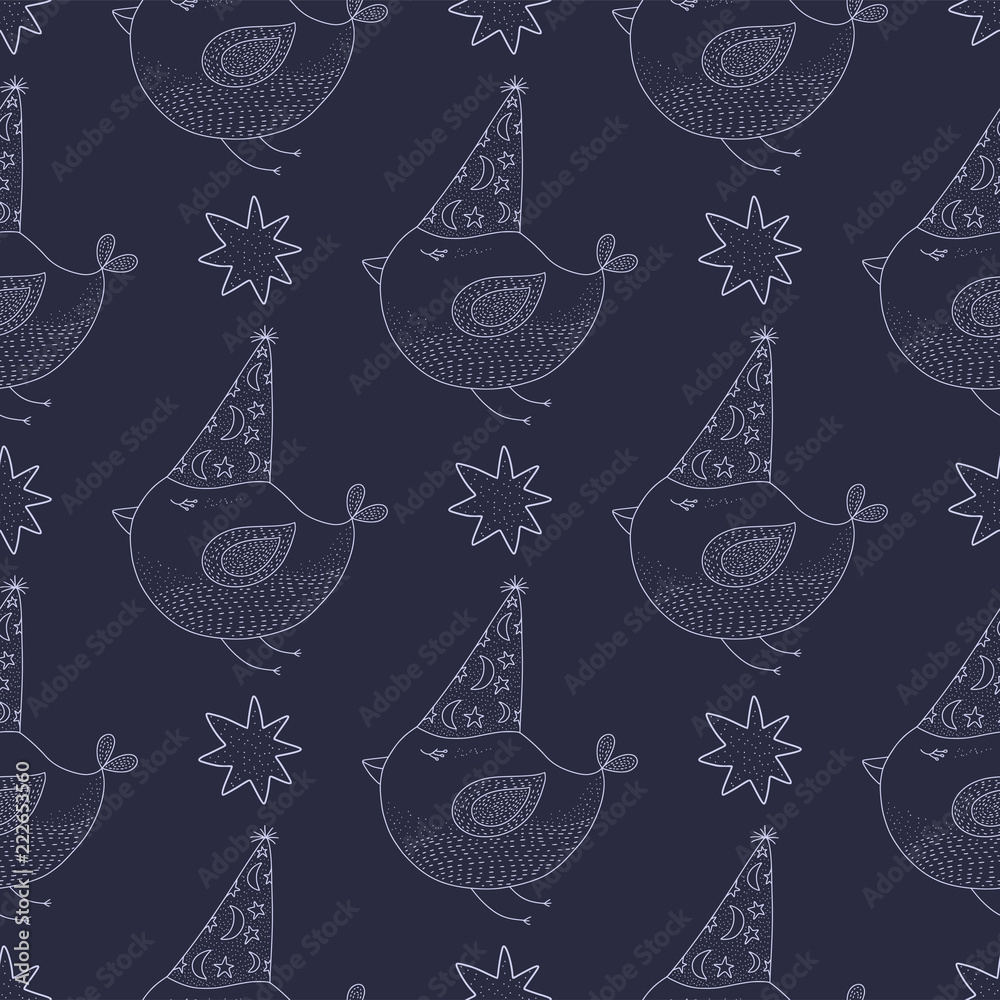 Birthday vector seamless pattern with cheerful birds and stars . Outline illustrations on a dark blue background.
