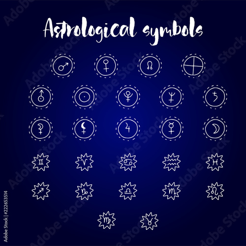 Astrology doodle symbols. Set of astrological graphic design elements. Vector icons collection.