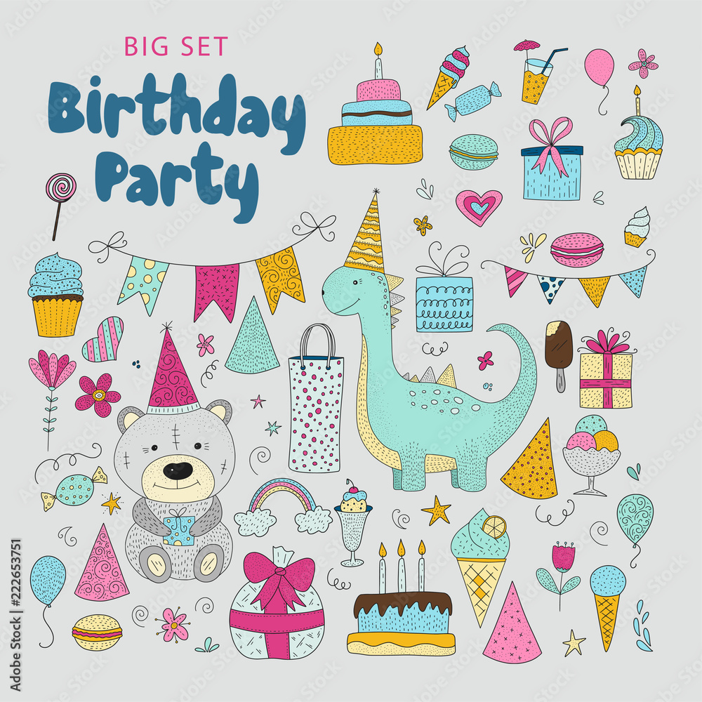 Big set of birthday party vector clip arts. Cute hand drawn animals and cartoon elements. Big set of birthday party vector clip arts. Cute hand drawn animals and cartoon elements.
