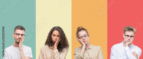 Collage of a group of people isolated over colorful background thinking looking tired and bored with depression problems with crossed arms. photo