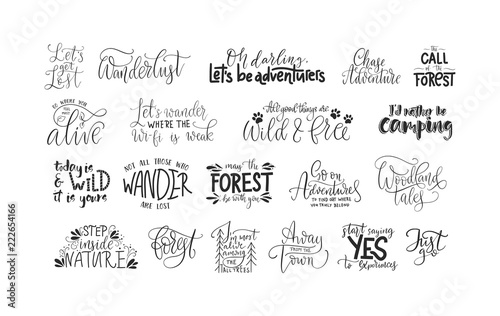 Set of adventure, outdoors and travel vector quotes. Nature and forest calligraphy collection.