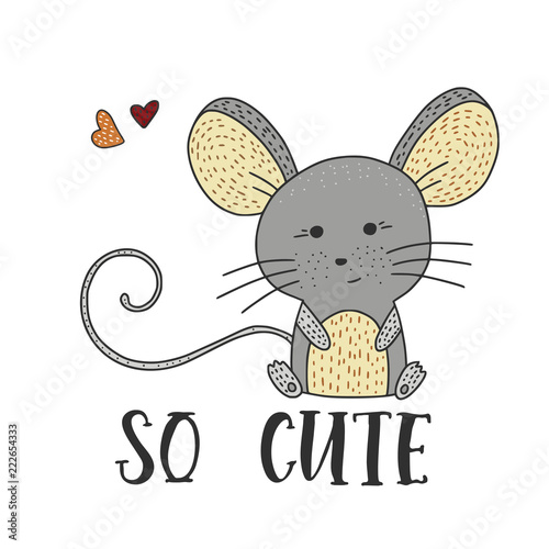 Cute little mouse on a white background. Hand drawn vector illustration.