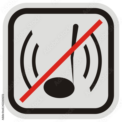 Music note at gray and black frame. Label, alert for rest. Ban on making noise. Vector single icon.