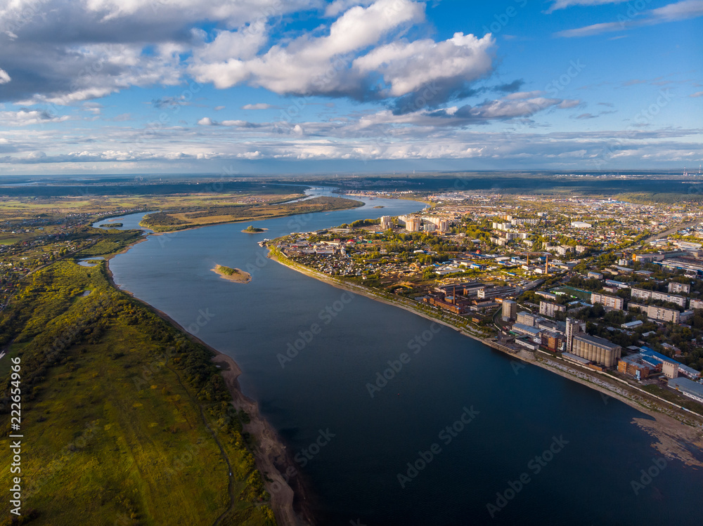 Tomsk cityscape Siberia, Russia. Tom river. Drone aerial top view.