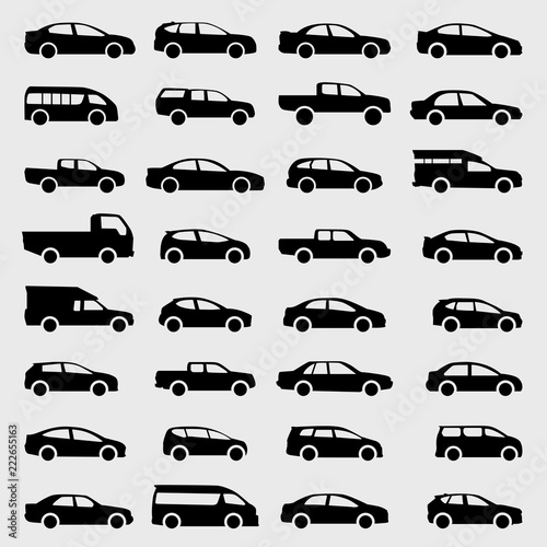 cars silhouette set,  vector icons on gray background