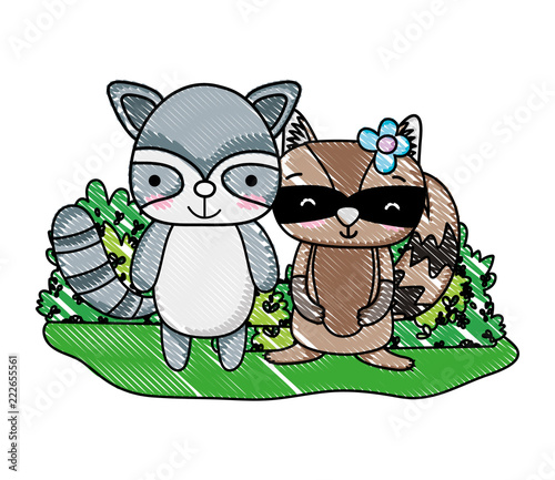 grated cute raccoons friends animals and bushes