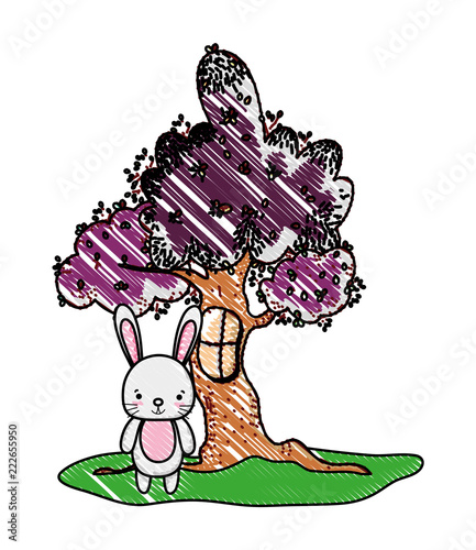 grated tree with window and cute rabbit wild animal
